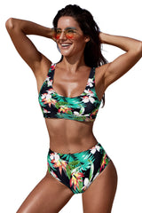 Green U-neckline High Waist Tropical Bkini