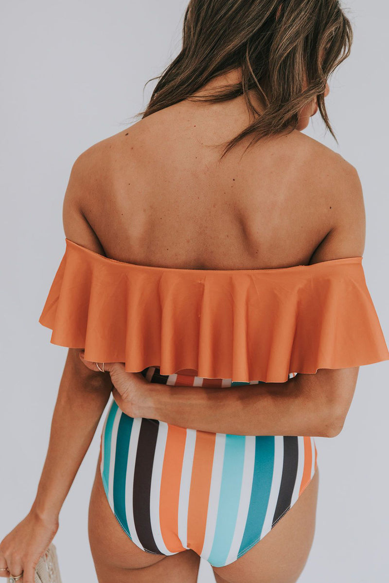 Orange Ruffled Top and Striped High waisted swimsuit