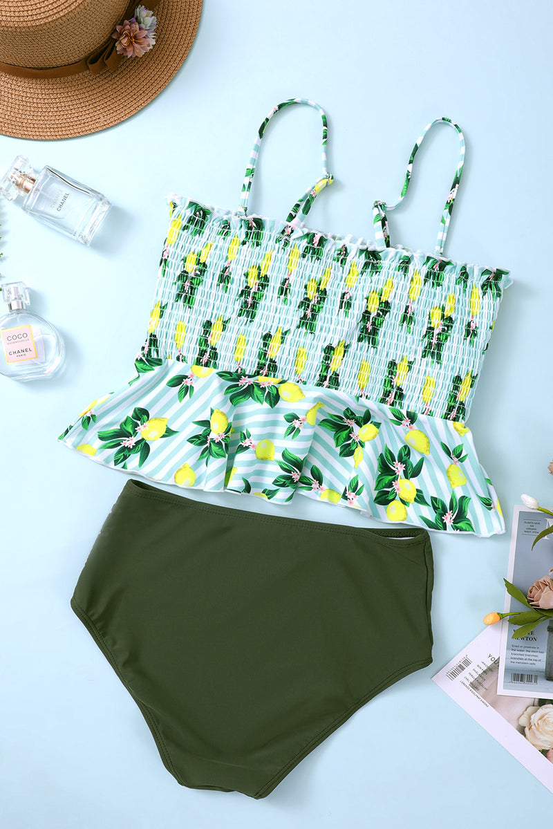 Green Lemon Print Peplum Bikini