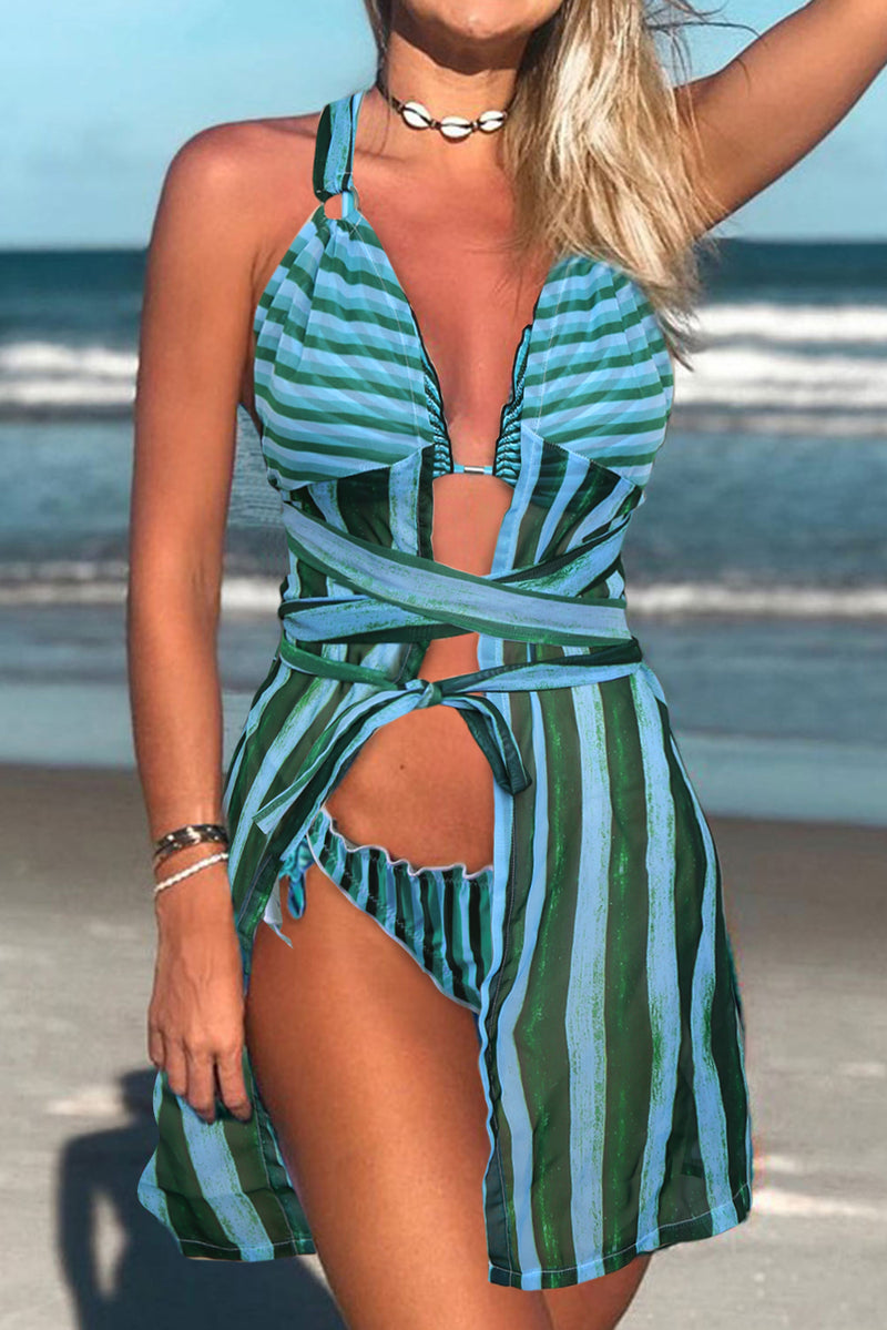 Blue Stripe Print 3pcs Swimsuit with Cover Up