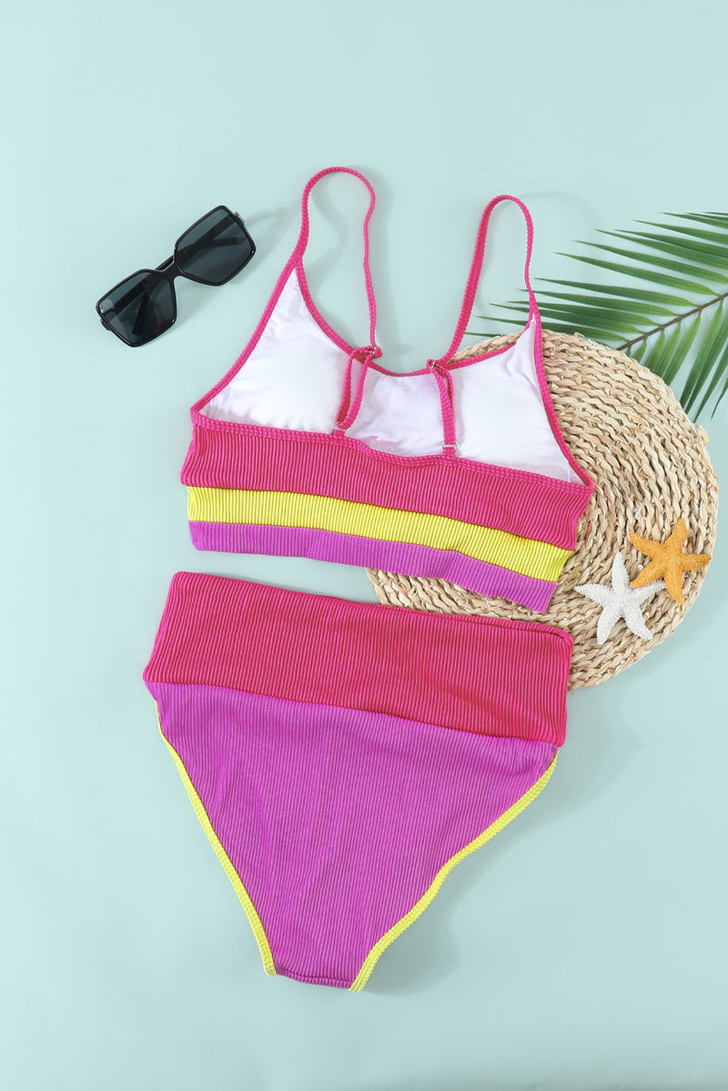 Rose Spaghetti Straps Colorblock Ribbed High Waisted Swimsuit