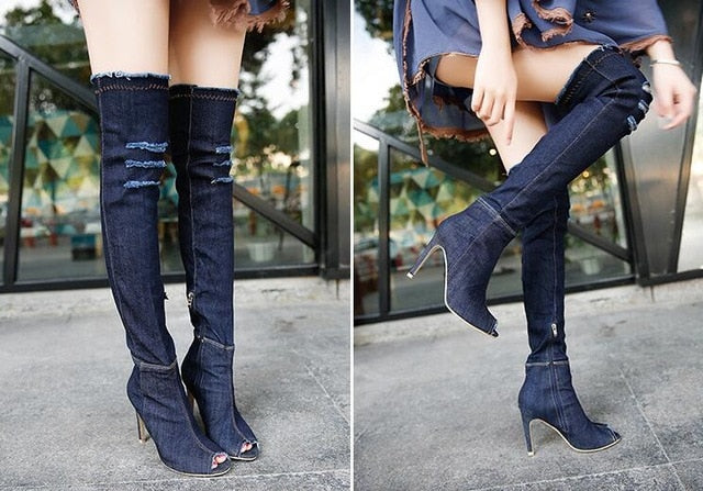 2020 Hot Fashion Women Boots High Heels Spring Autumn Peep Toe Over The Knee Boots Tight High Stiletto Jeans Boots