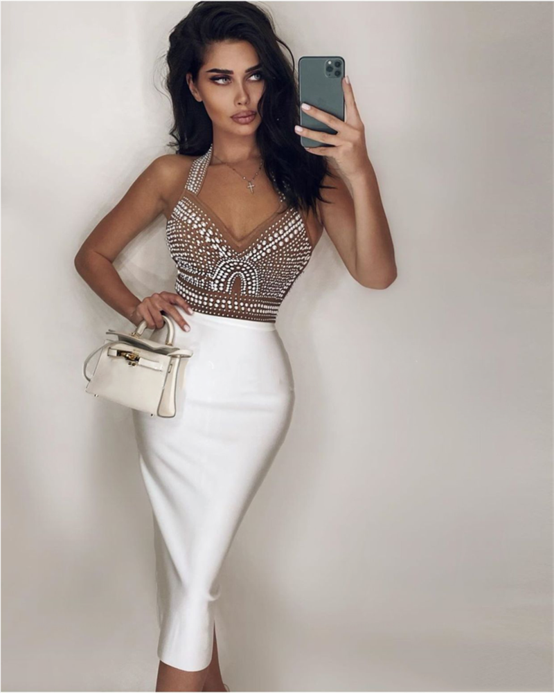 Top Quality High Street White Black Sexy Off Shoulder Sleeveless Beading Shining Knee Length Bandage Dress  2020 Celebrity Party