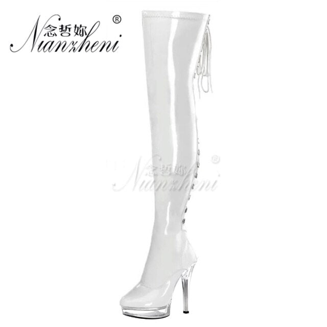 20cm Stripper High Heel Platform Sexy Shoes Over The Knee Boots Black Hollow Lace Up 8 Inch Long Pole Dance Strappy Combat Queen