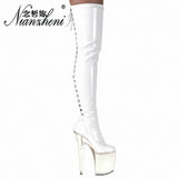 20cm Stripper High Heel Platform Sexy Shoes Over The Knee Boots Black Hollow Lace Up 8 Inch Long Pole Dance Strappy Combat Queen