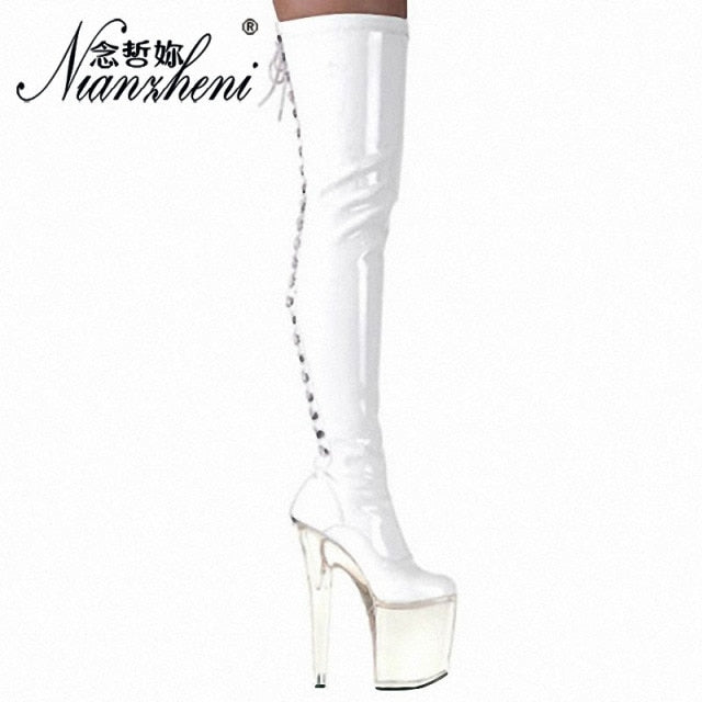 20cm Stripper High Heel Platform Sexy Shoes Over The Knee Boots Black Hollow Lace Up 8 Inch Long Pole Dance Strappy Combat Queen