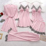 5PC Silk Robe Sleep Suit Lace Satin Pajamas