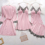 5PC Silk Robe Sleep Suit Lace Satin Pajamas