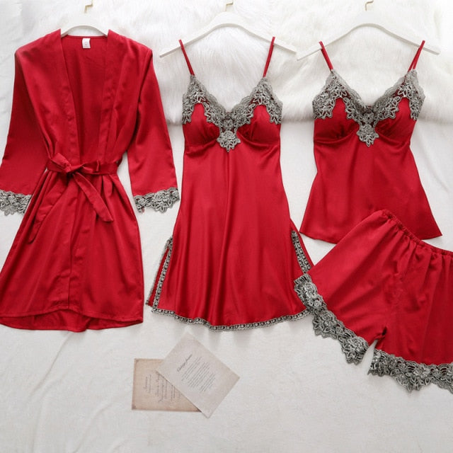 5PC Silk Robe Sleep Suit Lace Satin Pajamas