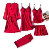 5PC Silk Robe Sleep Suit Lace Satin Pajamas