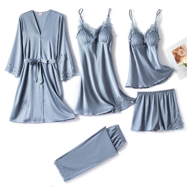 5PC Silk Robe Sleep Suit Lace Satin Pajamas