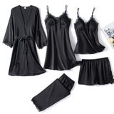 5PC Silk Robe Sleep Suit Lace Satin Pajamas