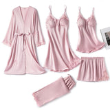 5PC Silk Robe Sleep Suit Lace Satin Pajamas