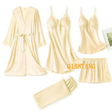 5PC Silk Robe Sleep Suit Lace Satin Pajamas