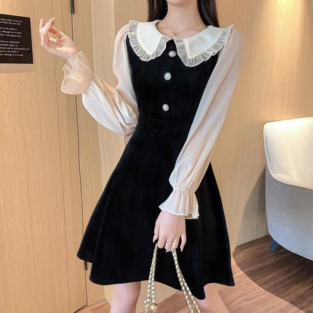 Neploe Vintage Velvet Black Dress Stand Neck Lantern Sleeve Party Robe High Waist Slim Vestidos Korean Elegant Dresses Women