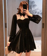 Neploe Vintage Velvet Black Dress Stand Neck Lantern Sleeve Party Robe High Waist Slim Vestidos Korean Elegant Dresses Women