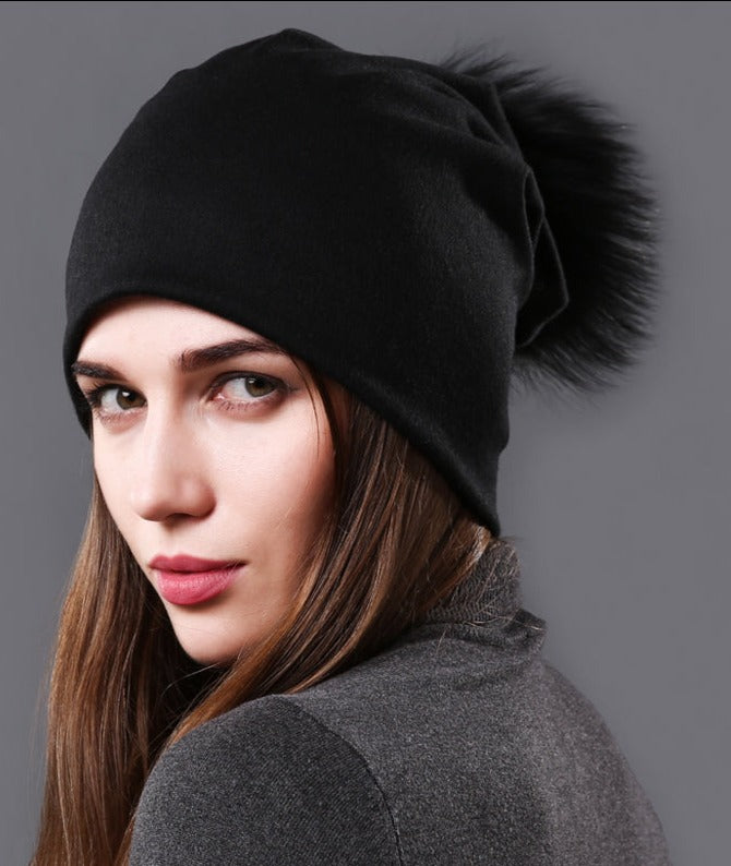 Female Natural Raccoon Fur Pompom Hats