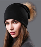 Female Natural Raccoon Fur Pompom Hats