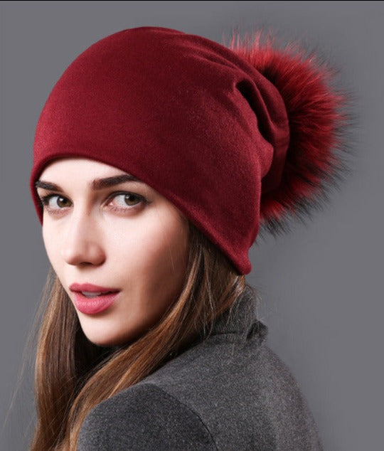 Female Natural Raccoon Fur Pompom Hats