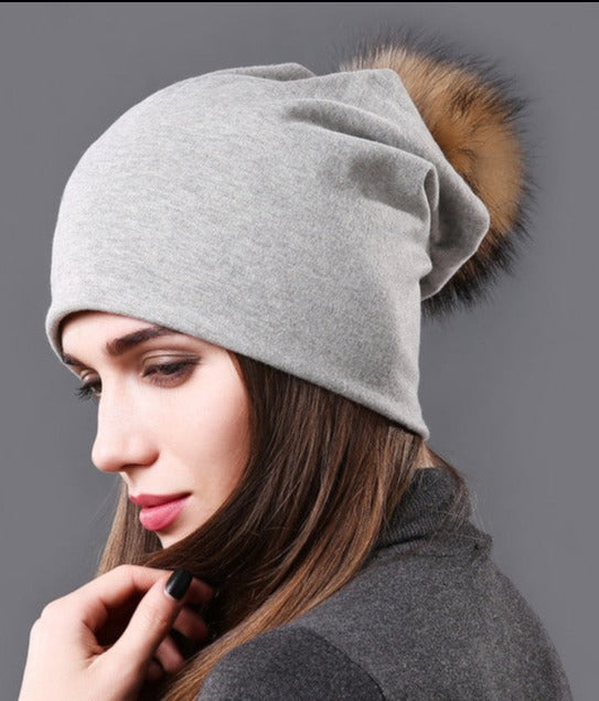 Female Natural Raccoon Fur Pompom Hats