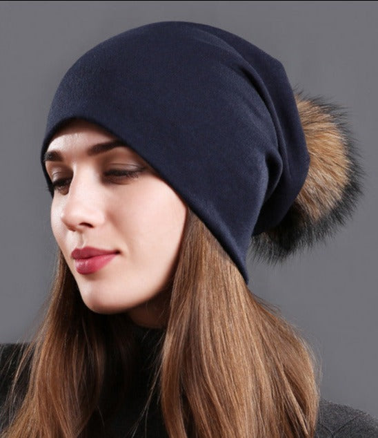 Female Natural Raccoon Fur Pompom Hats